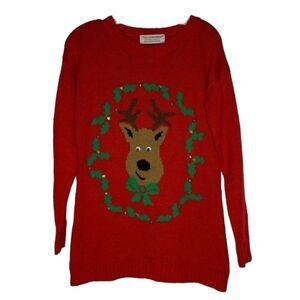 Tiara International Sweater Women’s M Red Green Reindeer Christmas Holiday Bells